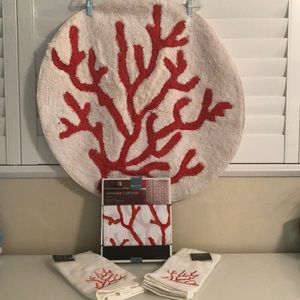 Coral Shower Curtain, Rug & (2) Hand Towels